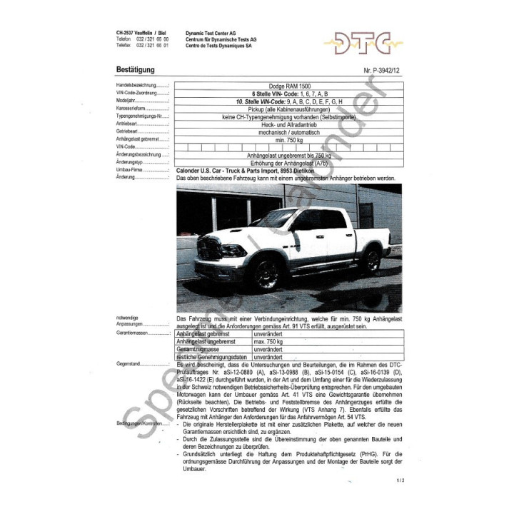 DTC-Gutachten Anhängelast ungebremst 750Kg RAM 1500 09-17 P-3942/12