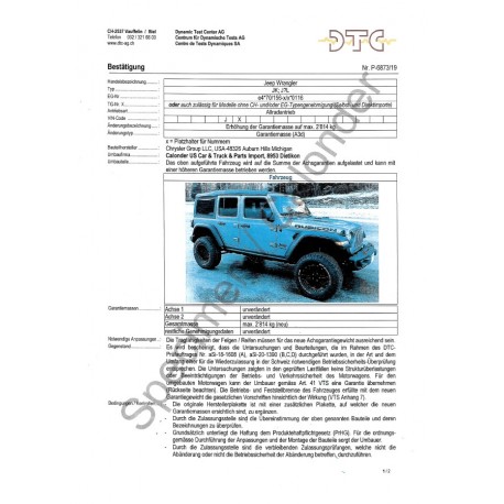DTC-Gutachten Gesamtgewichts-Auflastung auf max. 2814 Kg. Wrangler JL P-6873/19