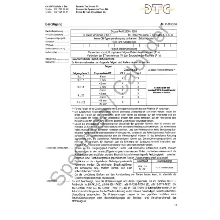 DTC-Gutachten Spurverbreiterung RAM 2500 / 3500 02-16 P-1655/06