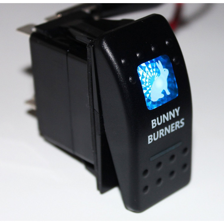 Kippschalter "Bunny Burners" mit blauer Beleuchtung